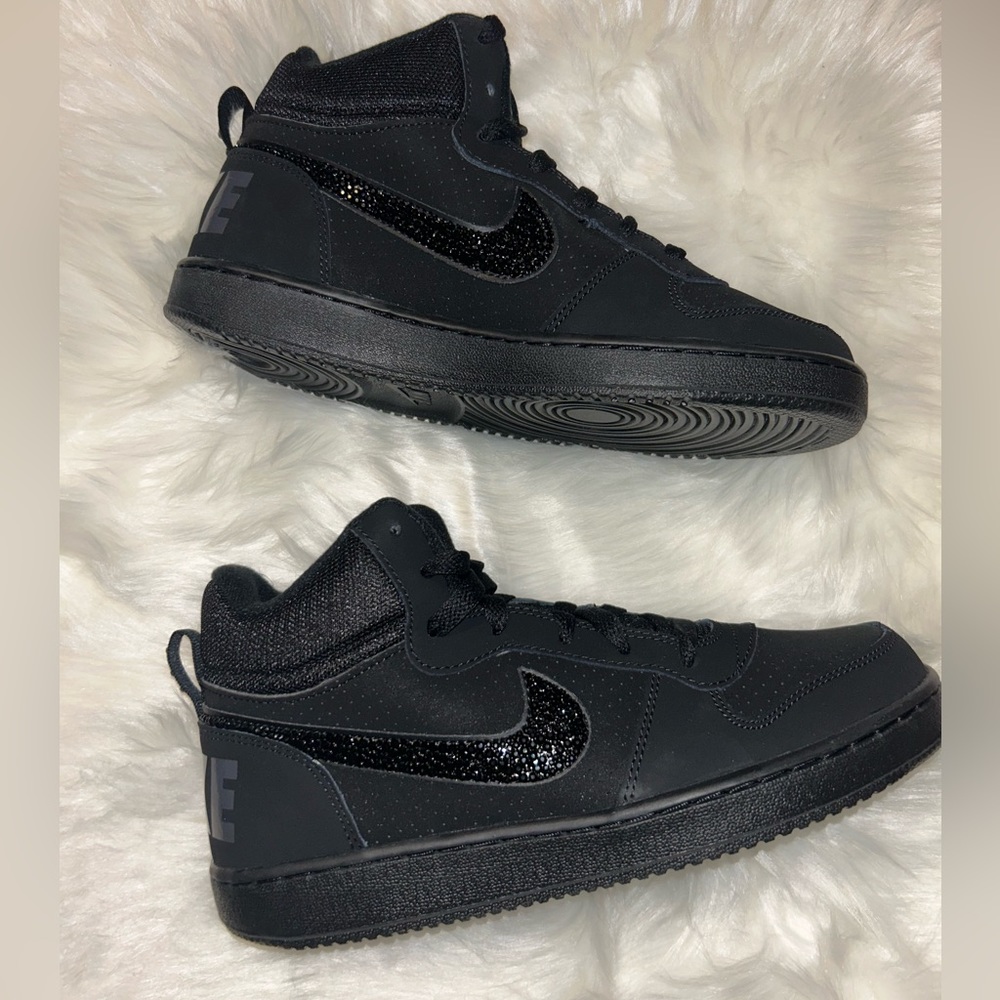 Bling Black Nike Court Borough Mid Sneaker (Grade School Size)